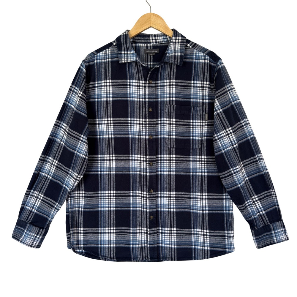 Eddie Bauer Mens Navy Blue Plaid Flannel Button Down‎ Shirt EB001722 Large